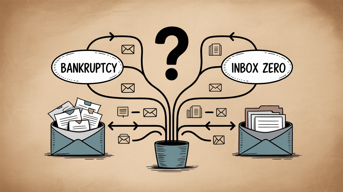 Email strategy decision flowchart with central question mark leading to bankruptcy and inbox zero paths